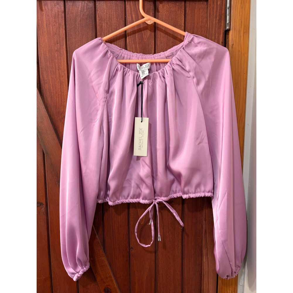 Rachel Zoe Women Lilac Purple Satin Long Sleeve Cropped Drawstring Blouse NWT